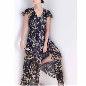 FLORAL V NECK RUFFLES SLEEVES MAXI DRESS